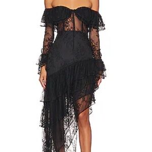 MAJORELLE Black Asymmetrical Lace Dress